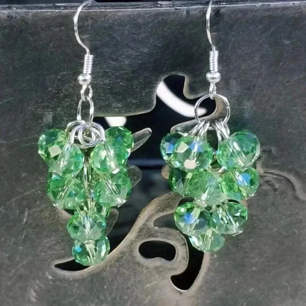 Handcrafted Green Faceted Austrian Crystal Beads Grape Cluster Dangle Earnings